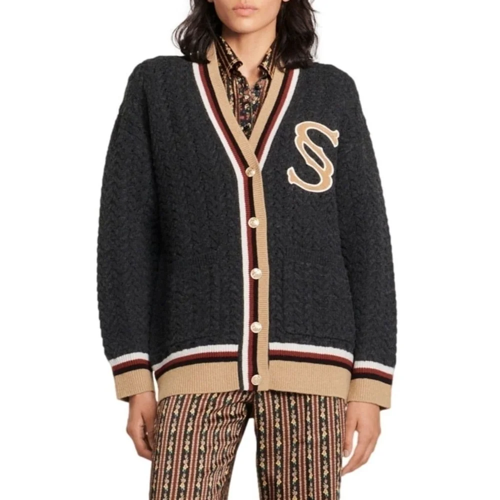 Sandro Tommy Cable Knit Oversized Wool Cardigan - Picture 3 of 15
